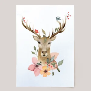 Cerf à l'aquarelle, animaux fleuris