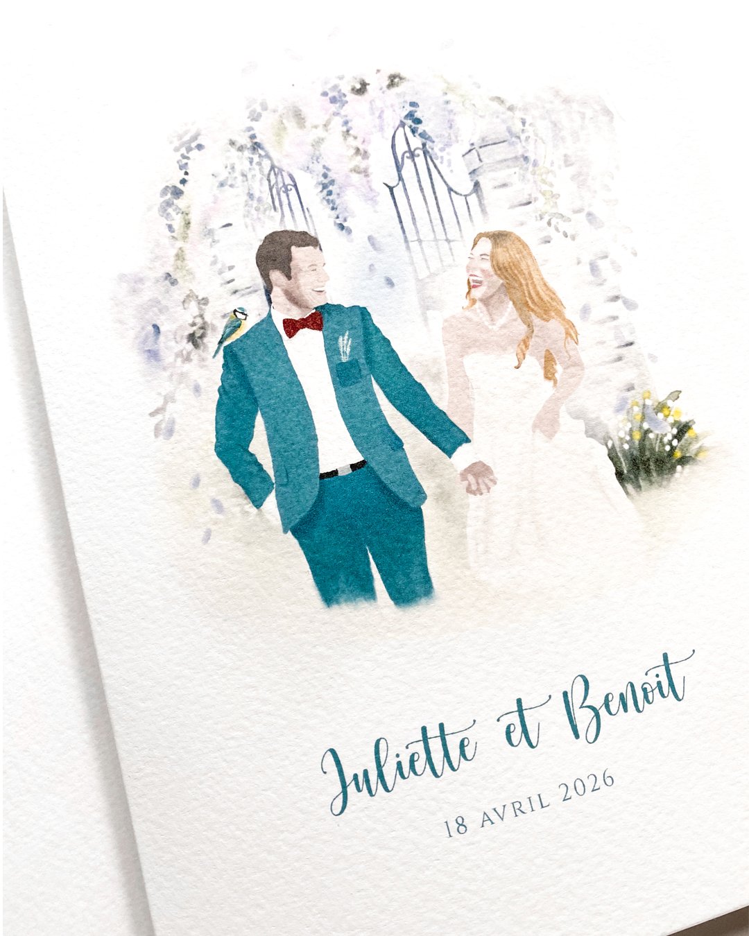Faire-part de mariage illustré à l'aquarelle, couple et glycines