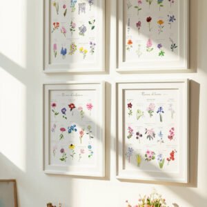 Lot de 4 affiches illustrées à l’aquarelle, représentant les fleurs du printemps, de l’été, de l’automne et de l’hiver.