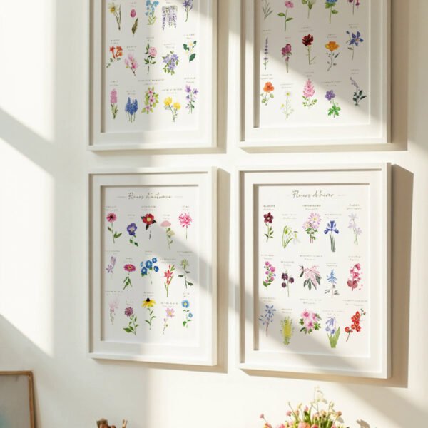 Lot de 4 affiches illustrées à l’aquarelle, représentant les fleurs du printemps, de l’été, de l’automne et de l’hiver.