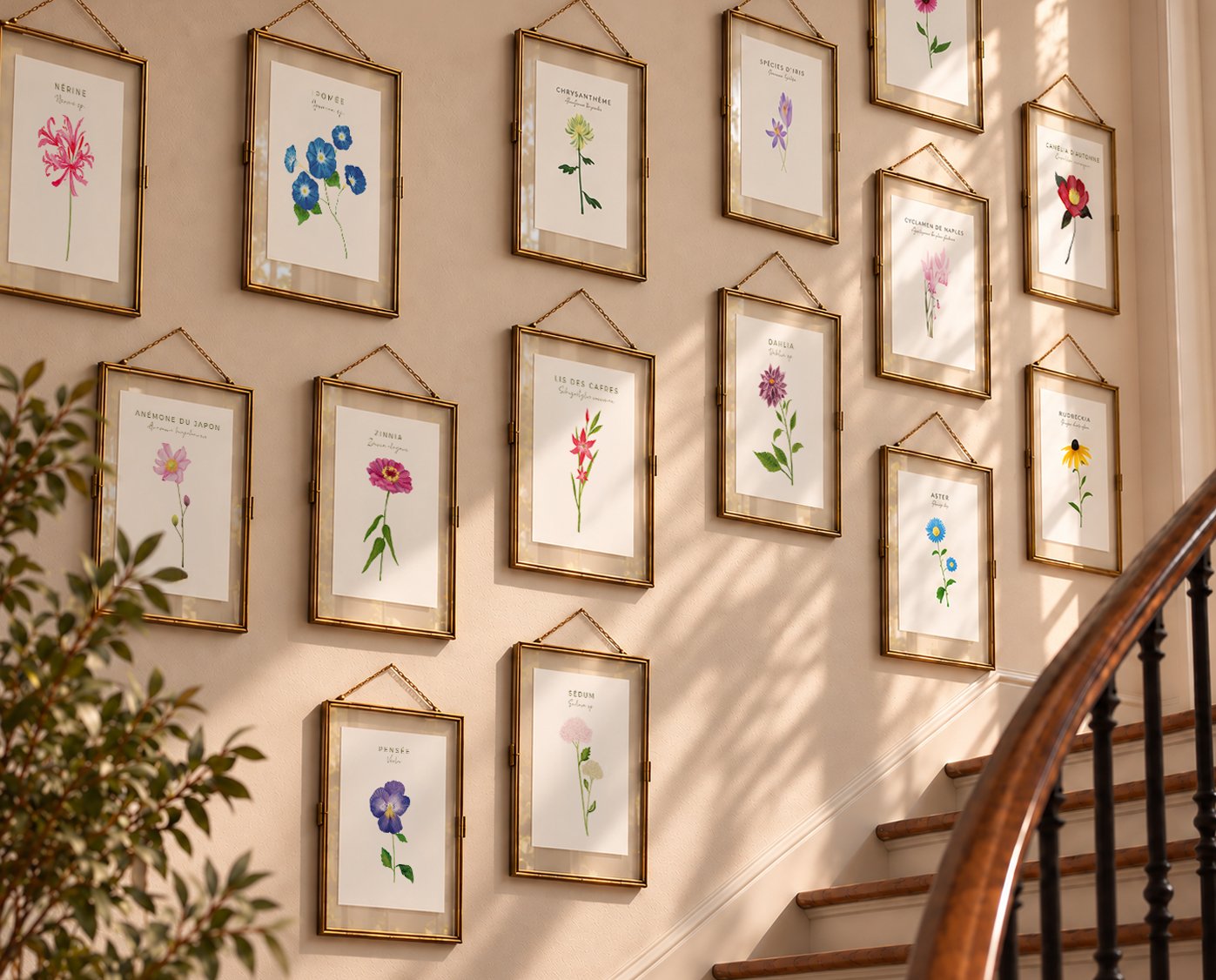 Quinze fiches de fleurs d’automne du Coffret fleuri Anna Illustrations encadrées sous verre sur un mur d’escalier