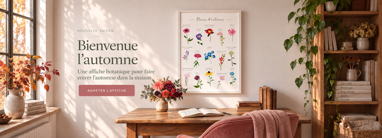 Affiche botanique de fleurs d’automne dans un intérieur