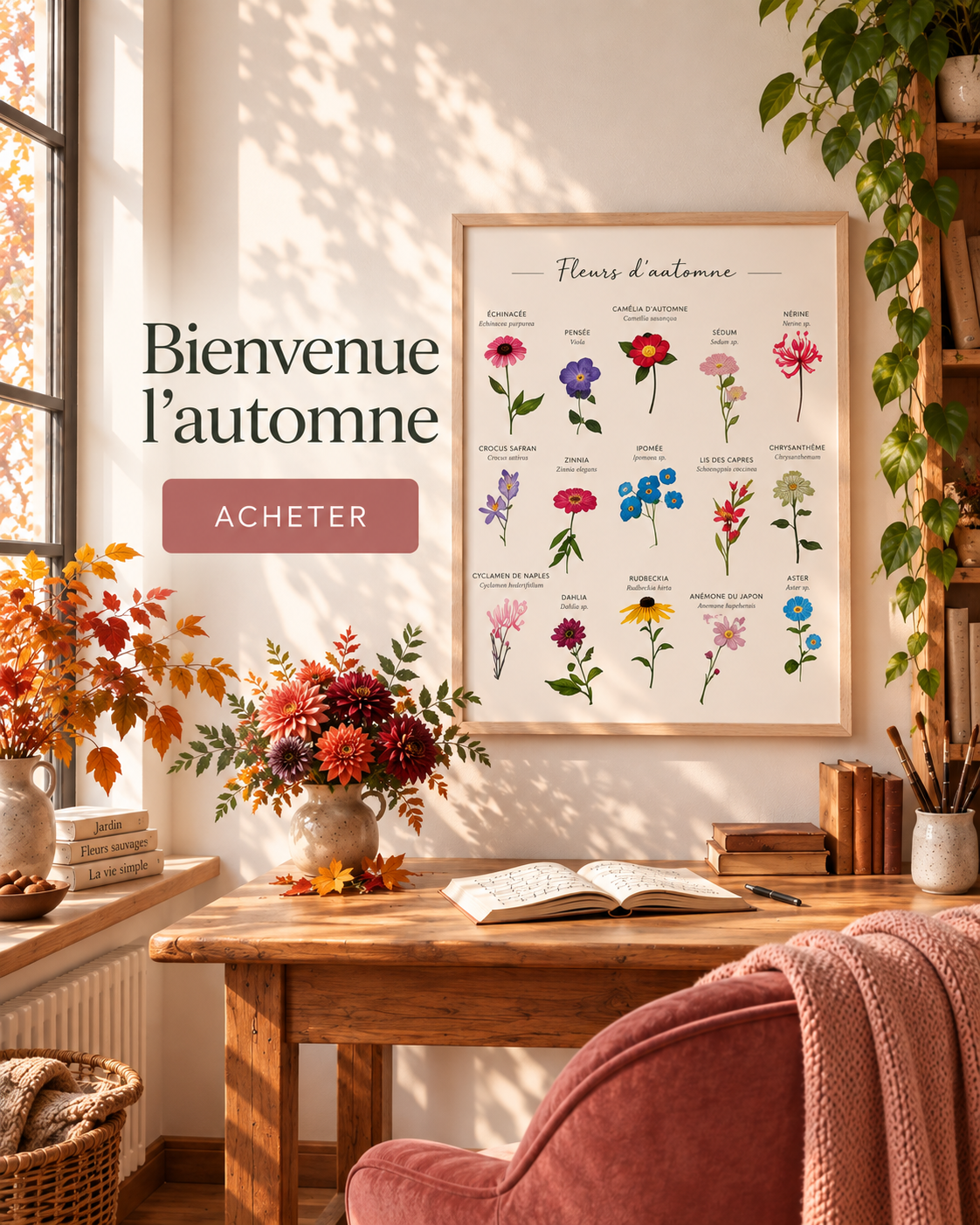Bienvenue l’automne — affiche botanique de fleurs d’automne