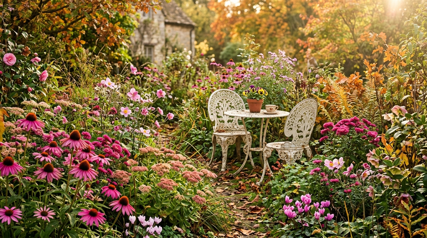 Jardin d’automne fleuri avec échinacées, sédums, asters et cyclamens