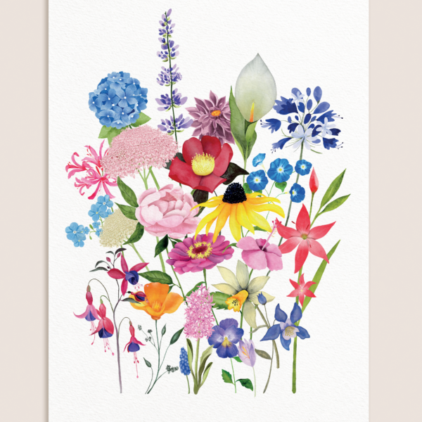 Affiche bouquet de fleurs des quatre saisons à l’aquarelle, format A3