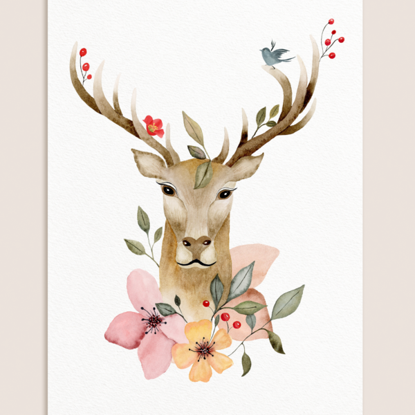 Affiche Cerf fleuri à l’aquarelle sur fond rose