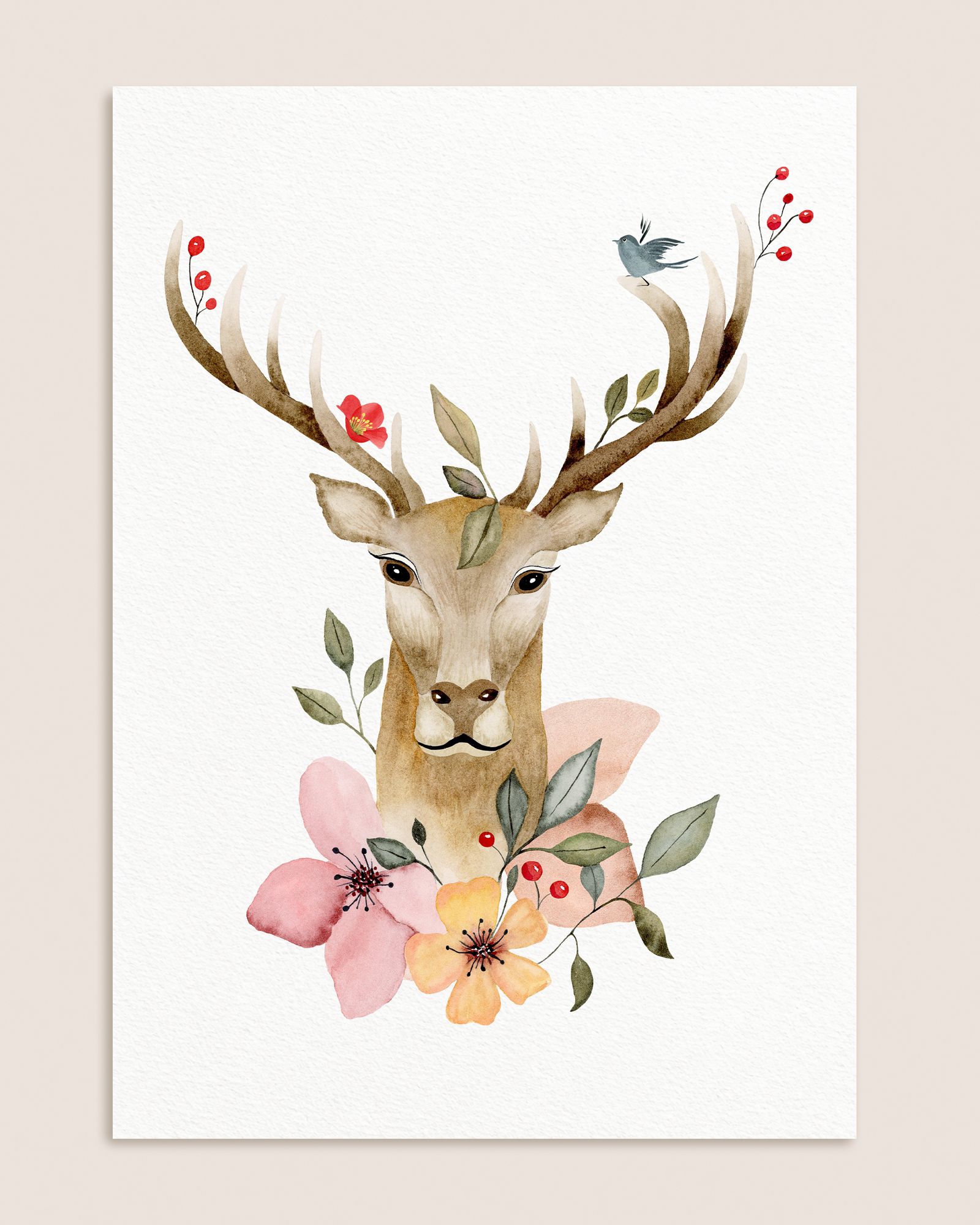 Affiche Cerf fleuri à l’aquarelle sur fond rose