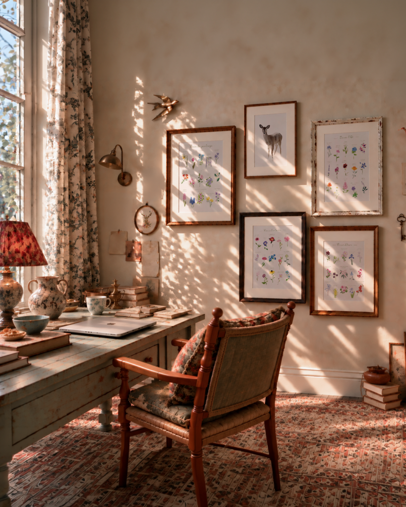 Bureau lumineux décoré d’affiches botaniques encadrées, dans un intérieur chaleureux