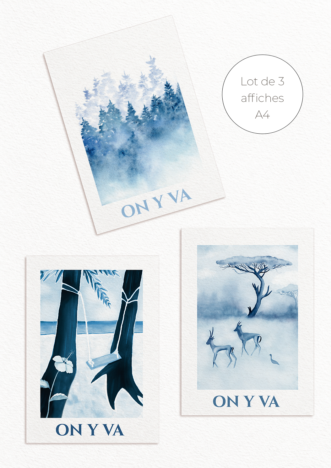Lot de trois affiches vacances A4 « On y va » : plage, savane et montagnes, illustrations à l’aquarelle