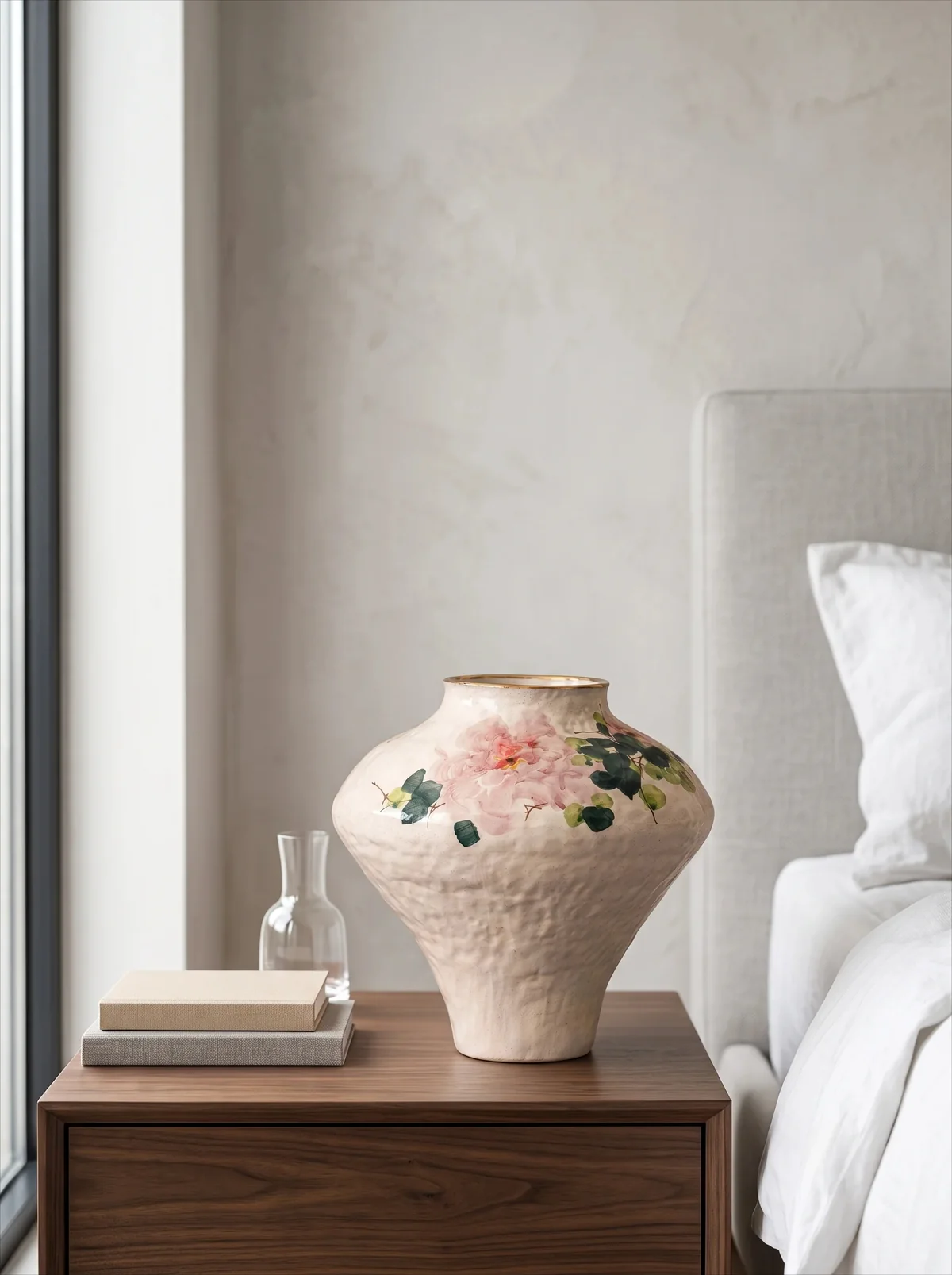 Vase en grès décoré de pivoines pour bouquet.
